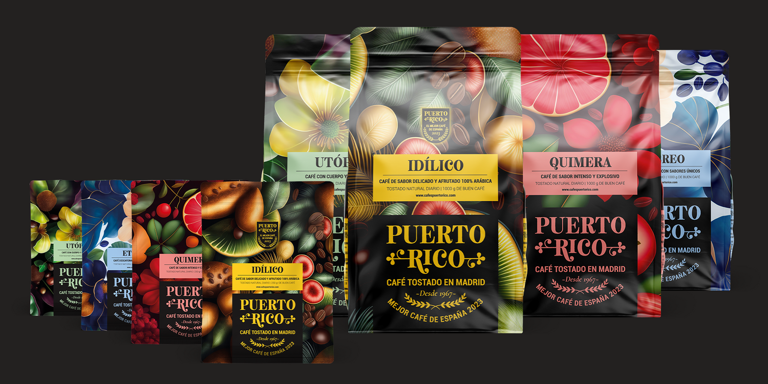 Blends maestros de café gourmet de Cafés Puerto Rico, paquetes de café tostado artesanal presentados sobre fondo natural.